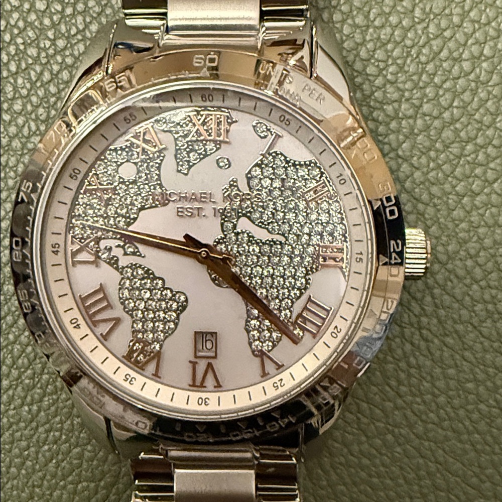 Michael Kors Silver Stainless Steel Bracelet World Map Watch